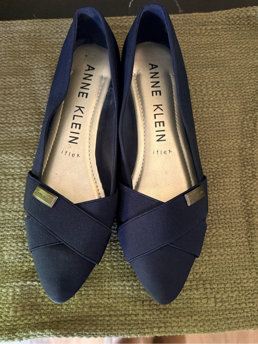 Anne Klein Navy Pointed-Toe Flats with Crossed Vamp Detail